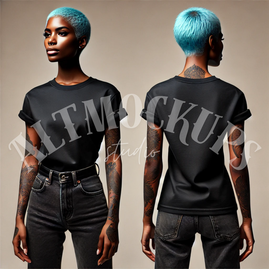 Blue hair tattoed woman mockup