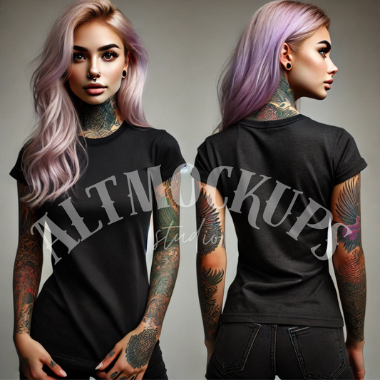 Pink Hair Tattooed Woman Black Crew Neck T Shirt Mockup